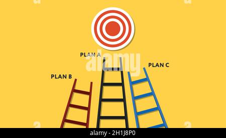 Goal and plan. Vector illustration in flat design. Target and different colorful step ladder on yellow backdrop Stock Vector