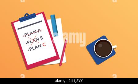 Plan c. Vector illustration with copy space. Paper with list of failed plans and coffee cup on orange backdrop Stock Vector