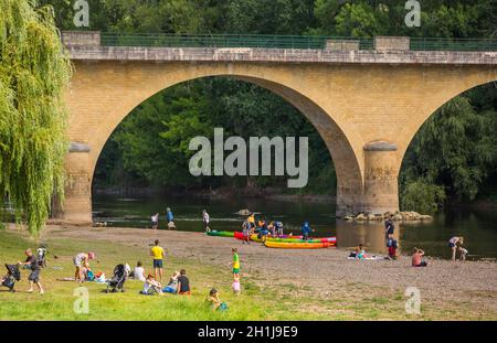 Limeuil, France - August 15, 2019: People at the Parc Panoramique. Dordogne River meeting Vezere River at Limeuil, Dordogne, France. Stock Photo