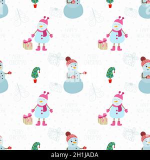 Vector seamless Christmas pattern with snowmen, fir trees, gifts. Christmas pattern Stock Vector