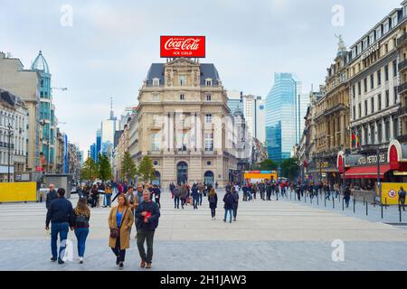 BRUSSELS, BELGIUM - OCTOBER 05, 2019: People walking by central street of Brussels, Belgium. Stock Photo