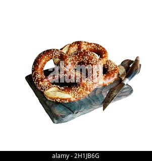 Brezel on a textured board with a knife. Delicious Bavarian pretzel isolated on a white background Stock Photo