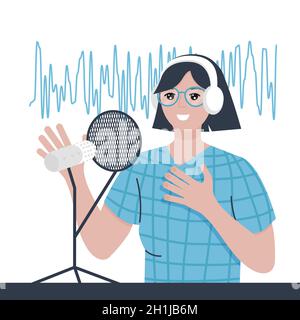 Woman with headphones and a microphone. Female podcaster making audio podcast from her home studio. Vector illustration isolated on white Stock Vector