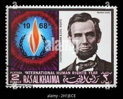 Stamp issued in the Ras al Khaimah shows Abraham Lincoln (1809-1865), International Human Rights Year, circa 1968. Stock Photo