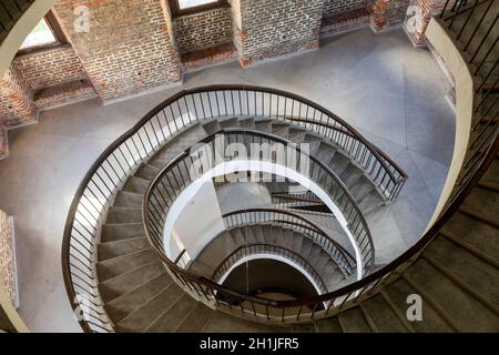 Frombork, Poland - Sept, 7, 2020: Stairs and Foucault's Pendulum suspended within the belfry or Radziejowski Tower on Cathedral Hill, Frombork. Poland Stock Photo