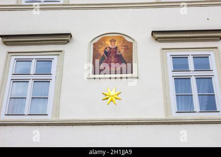 Prague, Czech Republic - December 31, 2017: Prague, Czech Republic - December 31, 2017: The facade of old house and old architecture in old town at Pr Stock Photo