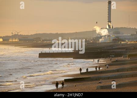 Westerly view across beaches from Brighton  towards West Hove, Portslade, Shoreham. East Sussex, England, UK Stock Photo