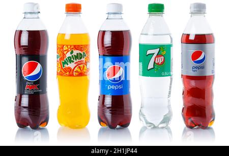 Stuttgart, Germany - August 24, 2021: Pepsi Cola 7 up lemonade soft drinks in plastic bottles isolated on a white background in Stuttgart, Germany. Stock Photo