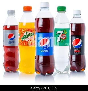 Stuttgart, Germany - August 24, 2021: Pepsi Cola 7 up lemonade soft drinks in plastic bottles isolated in Stuttgart, Germany. Stock Photo