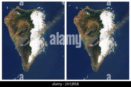 Cumbre Vieja volcano, La Palma, the Canary Islands. The plume contains a mixture of ash, sulphur dioxide and other volcanic gases. Previous eruption: 1971. The eruption of 2021 began on 19 September. On 26 September Landsat8 captured a natural-colour image (left) of lava flowing through the El Paraiso and Todoque neighbourhoods. Though the inside of the lava flow was hot and molten, the cooler surface crust appears dark in natural-colour imagery. Observations of the infrared wavelengths however (right) reveal the hottest parts of the flow. Optimised/enhanced composite of original NASA imagery Stock Photo