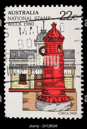 AUSTRALIA - CIRCA 1980: A stamp printed in Australia from the 'National Stamp Week' issue shows postbox, circa 1980. Stock Photo