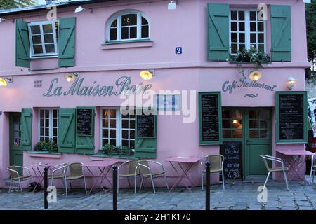 PARIS - NOVEMBER 04, 2012: La Maison Rose restaurant on Montmartre in Paris on November 04, 2012. La Maison Rose is a must tourist attraction on Montm Stock Photo