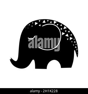 Modern symbol of the elephant with jewelry, stylized drawing, hand drawn, engraving. Vintage mystical design in boho style, tattoo, logo. Vector illus Stock Vector