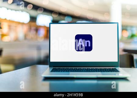 POZNAN, POL - SEP 23, 2020: Laptop computer displaying logo of Adobe Animate, a multimedia authoring and computer animation program developed by Adobe Stock Photo