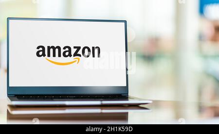POZNAN, POL - SEP 23, 2020: Laptop computer displaying logo of Amazon, an American multinational technology company that focuses in e-commerce, cloud Stock Photo
