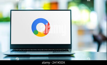 POZNAN, POL - SEP 23, 2020: Laptop computer displaying logo of Google Marketing Platform, a web analytics service offered by Google that tracks and re Stock Photo