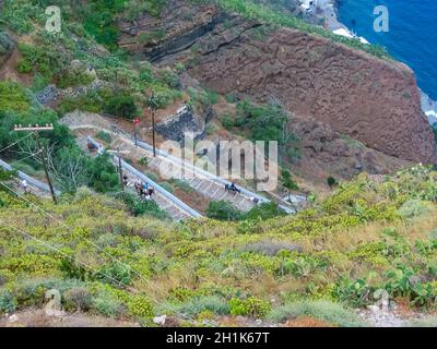 The donkeys with people going on stairs of Santorini, Greece Stock Photo