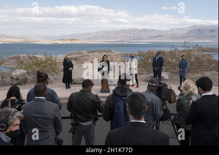 Boulder City, United States. 18th Oct, 2021. U.S. Vice President Kamala Harris gives remarks at sunset view scenic overlook while touring Lake Mead in Boulder City, Nevada, U.S. on Monday, Oct. 18, 2021. Harris is making the case for investment in climate resilience through passing the Build Back Better Agenda and the Bipartisan Infrastructure Deal while emphasizing that water shortages have a ripple effect on farmers, food supply, and the economy. Photo by Bridget Bennett/UPI Credit: UPI/Alamy Live News Stock Photo