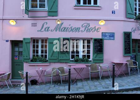 PARIS - NOVEMBER 04, 2012: La Maison Rose restaurant on Montmartre in Paris on November 04, 2012. La Maison Rose is a must tourist attraction on Montm Stock Photo