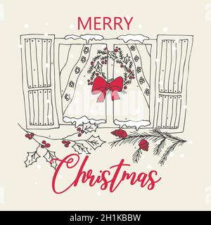 Christmas and Happy New Year greeting card with hand drawn decorative elements. Hand drawn christmas card, great design for any purposes. Vector Stock Vector