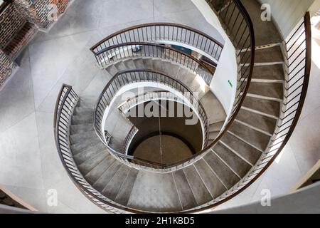 Frombork, Poland - Sept, 7, 2020: Stairs and Foucault's Pendulum suspended within the belfry or Radziejowski Tower on Cathedral Hill, Frombork. Poland Stock Photo