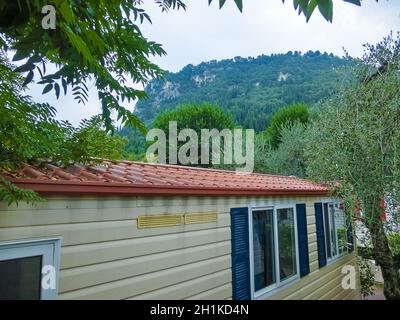 Bardolino, Italy - September 19, 2014: Beautiful view on camping site La Rocca in the morning light at Bardolino, Italy on September 19, 2014 Stock Photo