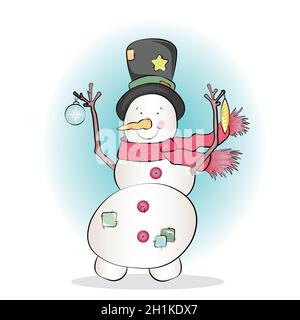 Cute happy snowman with Christmas ornaments isolated on white background illustration Stock Photo