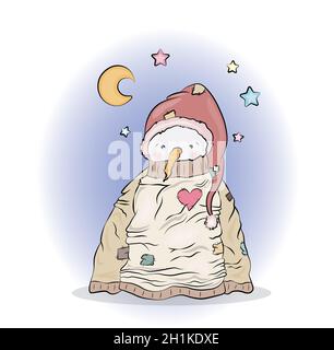Cute snowman in big sweater stands in the night illustration isolated on white Stock Photo