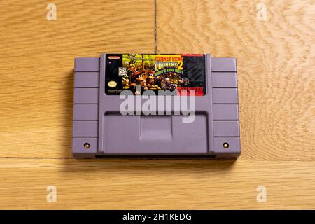 October 25, 2020 - Elkins Park, PA: A Cartridge for Donkey Kong Country 2, Diddy's Kong Quest for the Super Nintendo Entertainment System, a popular r Stock Photo