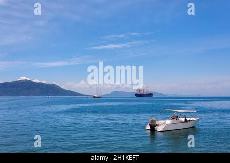 Nosy Be island just off the northwest coast of Madagascar. Landscape of idyllic blue indian ocean bay. Stock Photo