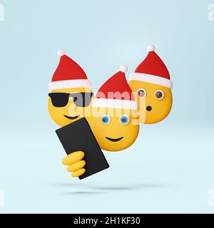 3D illustration group of Christmas emojis taking selfie, holidays festive fun. 3D Render. Stock Photo