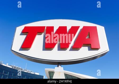 New York City, New York - March 1, 2020: TWA logo Hotel Terminal at New York JFK Airport in the United States. Stock Photo