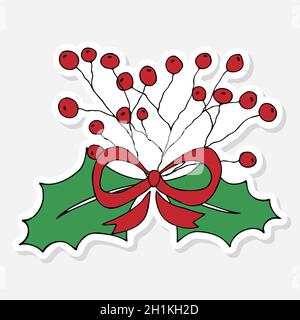 Christmas holly berries with leaves and red bow, sticker doodle for celebration decoration design. Christmas sticker in cartoon style. New year doodle Stock Vector