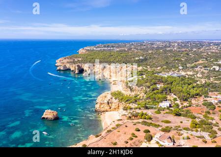 Portugal Algarve beach Praia da Marinha sea ocean drone view aerial photo from above water Stock Photo