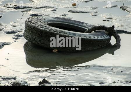 Car tire pollution at coastal. Environmental pollution. Stock Photo