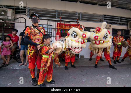 Georgetown, Penang/Malaysia - Feb 02 2020: Lion dance dance perform at chinese house. Stock Photo