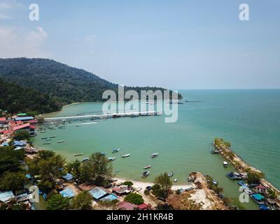 Teluk Bahang, Penang/Malaysia - Mar 08 2020: Drone view fisherman jetty Stock Photo