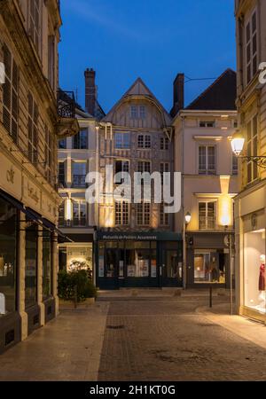 Troyes, France - August 31, 2018: Views of old town at night. Troyes - capital of Aube department in Champagne region. France. Many half-timbered hous Stock Photo