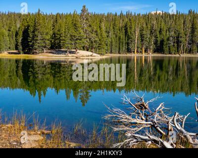 Hiking with beautiful reflections at Dog Lake, Tuolumne Meadows, Yosemite National Park, California, USA Stock Photo