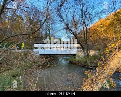 The Knox Covered Bridge at Sunset on a Clear Autumn Day at Valley Forge National Historical Park Stock Photo