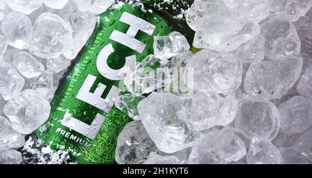 POZNAN, POL - OCT 8, 2020: Bottle of Lech, a brand of Polish beer produced by Kompania Piwowarska, a subsidiary of  Asahi Breweries Stock Photo