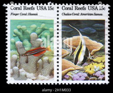 Stamp printed in the USA shows Coral Reefs, circa 1980 Stock Photo