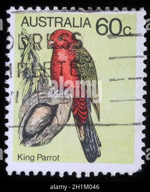 Stamp shows image of a King Parrot from the series 'Australian birds', circa 1978 Stock Photo