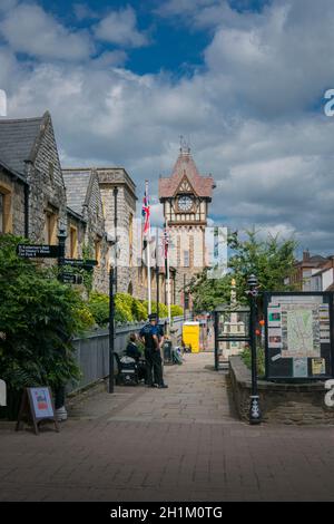 View of the clock tower in the High Street in the ancient market town of Ledbury, Herefordshire, UK Stock Photo