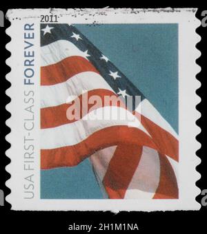 Stamp printed in USA, Flag, 'usa first -class forever', circa 2011 Stock Photo