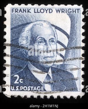 Stamp printed in the United States of America shows Frank Lloyd Wright, American architect, circa 1966 Stock Photo