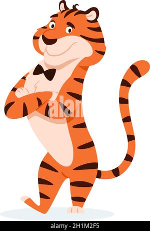 Flat smiling striped tiger with arms crossed Stock Vector