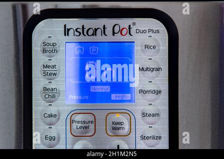Calgary, Alberta, Canada. Nov. 16, 2020. A Close up to an Instant Pot menu panel while is on. Stock Photo