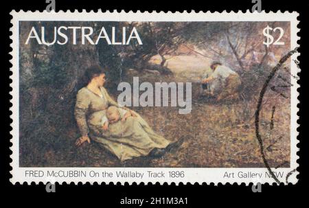 Stamp printed in Australia shows the On the Wallaby Track (1896), by Fred McCubbin, from the Art Gallery NSW, circa 1981 Stock Photo