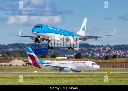 Stuttgart, Germany - October 4, 2020: KLM cityhopper Embraer 190 airplane at Stuttgart Airport in Germany. Stock Photo